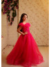Off Shoulder Bright Pink Lace Tulle Flower Girl Dress